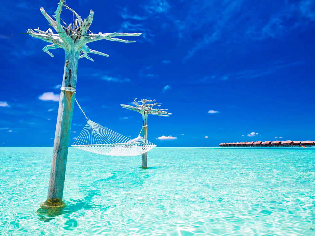 A white rope hammock hanging over crystal clear turquoise water between two wooden poles at Anantara Dhigu Maldives resort.