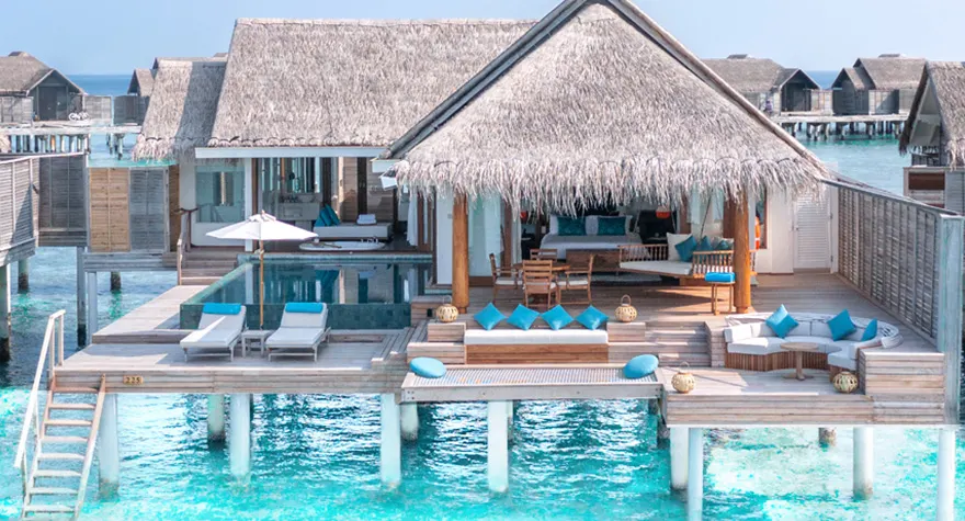 Anantara Kihavah Maldives overwater pool villas with private infinity pool and turquoise ocean view, perfect for an Instagrammable honeymoon.