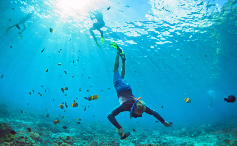 A tourist snorkeling in a turquoise blue lagoon in the Maldives, exploring coral reefs and marine life.