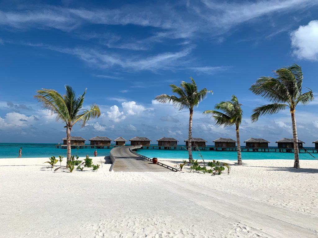 A row of luxury overwater bungalows extending into the turquoise ocean from a white sandy beach with palm trees in Raa Atoll, Maldives.