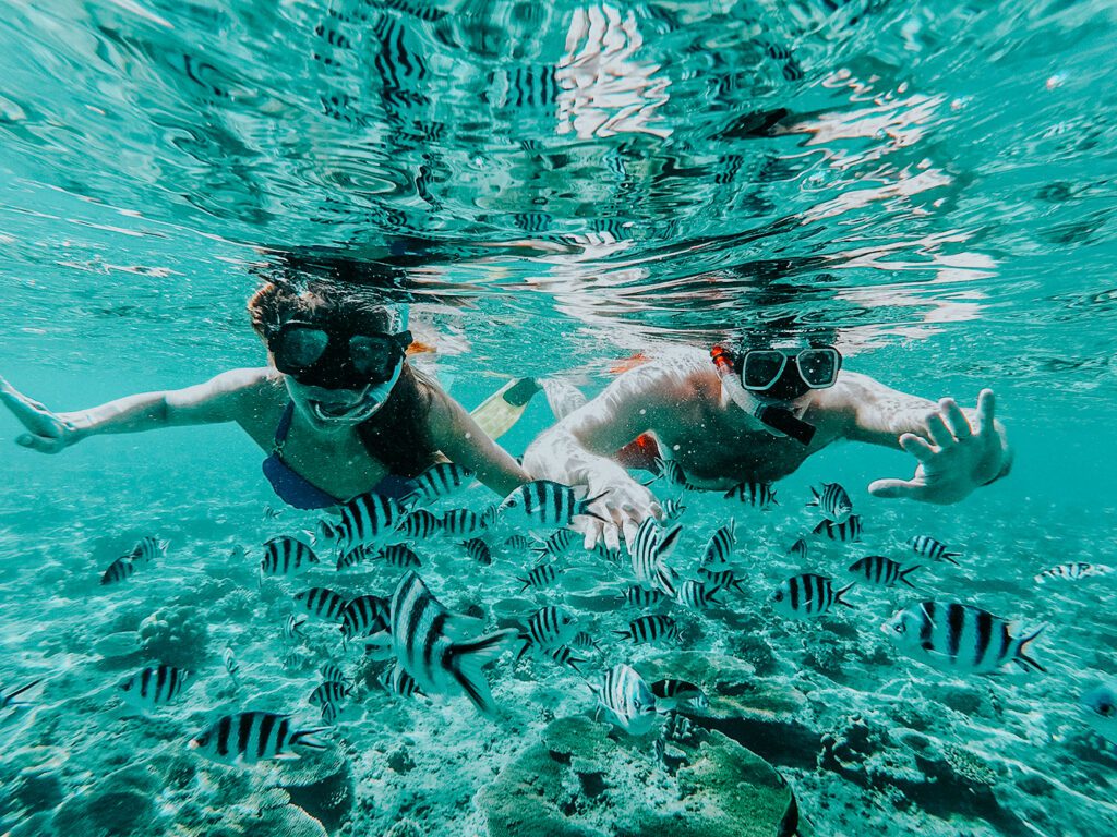 A couple snorkeling in the crystal-clear turquoise waters of Raa Atoll, Maldives, surrounded by a large school of striped Sergeant Major fish over a coral reef.