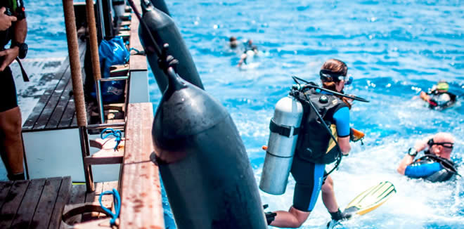 A scuba diver jumping off a boat into the clear blue waters of Gaafu Alifu Atoll, Maldives, for a diving excursion.