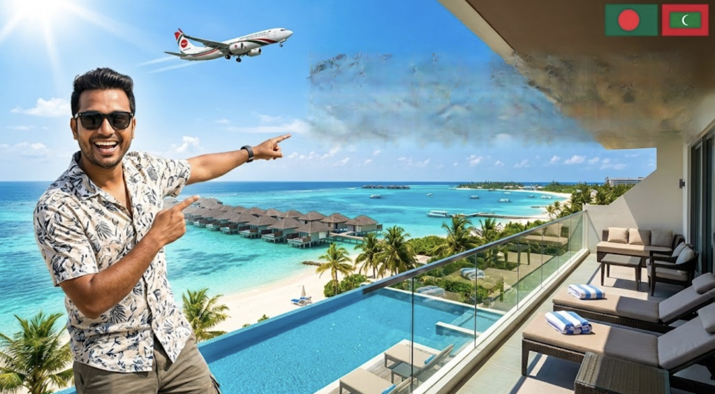 A tourist pointing at the turquoise ocean from a luxury sea view hotel balcony in Maafushi, Maldives, with an airplane flying above – travel guide from Dhaka to Maldives.