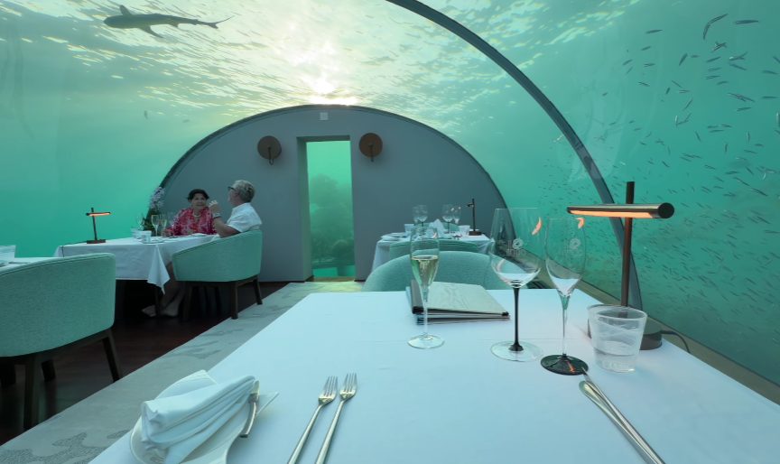 Dinner unfolds inside Ithaa, beneath the waves at the resort's submerged dining room. In Dhivehi speech - Maldives’ own tongue - the word means "mother of pearl." Just like its name suggests, it glimmers with quiet elegance. Before stepping down, you spot its shape dimly through shifting water above. A curving walkway lit from within guides guests below, cutting into ocean floor, encircled by coral.
Most people who visit have no idea the Ithaa wasn’t made where it now sits. Built far away in Singapore, it traveled some 2,500 miles over the Indian Ocean. Lowered into place only after the long journey. Cost more than five million dollars to complete. Knowing that changes how you see it.
Down go the shoes, one step at a time. A quiet act, yet it sets the mood without saying a word.
The Tasting Menu
A meal unfolds in courses, fixed by design. Once seated, a pour of champagne appears, while later selections from the bottle carry matching weight in cost. Warm bread lands on the tabletop just as shadows glide overhead - shapes of sharks circling under glowing water, their rhythm steady, which might settle your nerves or stir them, entirely up to how you see things.
The meal proceeds through the following courses:
Each spoonful begins with care. Fresh crab mingles with caviar chosen by touch. Refined doesn’t mean stiff - it feels alive on the tongue. Precision holds everything together, quiet but clear. Taste unfolds without shouting
Citrus gives it a lift - crisp air off the ocean, almost. Light hits the tongue next, clean like rinsed linen. Blue tail jackfish holds firm, cured just enough. Freshness walks through every bite, unhurried. Nothing weighs it down
Chilled asparagus arrived beside the poached Maldivian lobster, stealing attention without effort. What made it memorable wasn’t just flavor - texture played its part too. The dish held balance, cool against warm, crisp beneath tender. Each bite unfolded slowly, never rushing. Not much needed saying once it reached the table. Silence did the praising instead
Lemongrass meets basil in a icy blend that resets the taste. Cold spoonfuls unfold between courses, sharp yet soft. A zesty note lingers without clinging. This chill hits smooth, not sweet, just clear. Flavors step aside quietly after each bite
Australian Wagyu beef tenderloin, cooked medium rare at the chef’s recommendation as the main course
A spoon dips into creamy white chocolate mousse. Berries rest on top, bright and cool. The sweetness lingers without being heavy. Each bite carries a soft tang from fruit just picked. This ends the meal quietly
Food here stands on its own - no polite praise reserved for hotel spots where scenery does heavy lifting. Instead, flavors show clear skill, guided by fresh components taking center stage. Of course, the space itself holds power. When daylight fades overhead, ocean-light shifts begin altering how everything feels inside the room, changing with each new dish served.
Dining underwater inside Ithaa? That sets you back four hundred fifty bucks each - just for the chef's sequence of bites, mind. Wine flows extra.