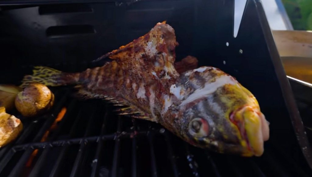 A sudden burst of charred sweetness comes from the fish, cooked next to the tender tentacles pulled fresh that morning. Each bite shifts between soft give and crisp edge, shaped by fire and sea alike. Out here, they press spicy Maldivian paste deep into the fish - worked through the cuts scored along its sides so every part catches flavor. Fire roars underneath as it cooks, blackening the skin while holding tenderness within. Slice open, and instead of breaking apart like typical white fish, it resists slightly, thick and solid like land animal muscle. The taste? Bright and mild from coral waters, sharpened gently by what clings to it - not buried under spice, just lifted. Wrapped in foil, then grilled - the grouper from that extra catch keeps every drop of juice inside. This fish stands out in the sea's lineup, its soft layers staying intact thanks to the gentle steam trap of aluminum. While sweet lips bring firmness and a satisfying chew, here the grouper leans into silkiness, unfolding deeper tastes with each bite. Cooked slow under radiant heat, its flavor blooms quiet but full. Out here, just after noon heat fades, one catch sizzles next to another over open flame near the shore. Each bite tells how much comes from a single line dropped into coral waters.